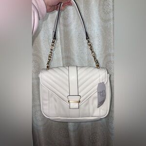 White quilted shoulder bag with gold accents NWT